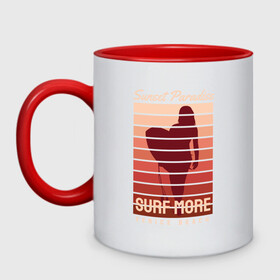 Кружка двухцветная с принтом SURF MORE в Петрозаводске, керамика | объем — 330 мл, диаметр — 80 мм. Цветная ручка и кайма сверху, в некоторых цветах — вся внутренняя часть | surf more | лето | море | отдых | сер