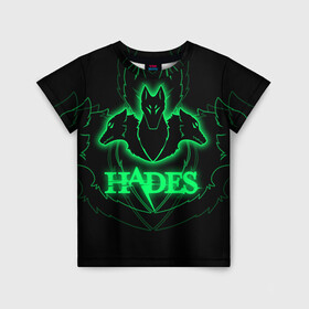 Детская футболка 3D с принтом Hades в Петрозаводске, 100% гипоаллергенный полиэфир | прямой крой, круглый вырез горловины, длина до линии бедер, чуть спущенное плечо, ткань немного тянется | hades | roguelike | бесконечные круги ада | волки | зелёные | компьютерная игра | светящиеся | эмблема