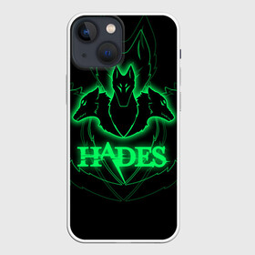 Чехол для iPhone 13 mini с принтом Hades в Петрозаводске,  |  | hades | roguelike | бесконечные круги ада | волки | зелёные | компьютерная игра | светящиеся | эмблема