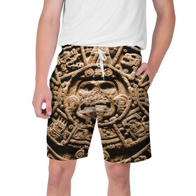 Мужские шорты 3D с принтом Ацтекский Календарь в Петрозаводске,  полиэстер 100% | прямой крой, два кармана без застежек по бокам. Мягкая трикотажная резинка на поясе, внутри которой широкие завязки. Длина чуть выше колен | aztec | calendar | ацтеки | календарь | майя