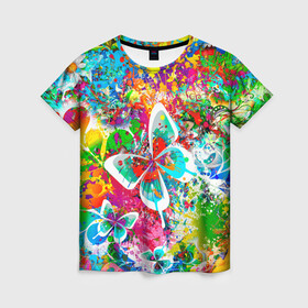 Женская футболка 3D с принтом ЯРКИЕ КРАСКИ в Петрозаводске, 100% полиэфир ( синтетическое хлопкоподобное полотно) | прямой крой, круглый вырез горловины, длина до линии бедер | butterfly | color | flower | rainbow | summer | бабочки | брызги | краски | лето | радуга | цвета | цветы