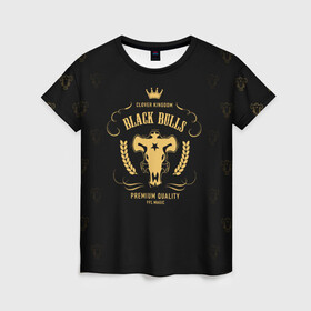 Женская футболка 3D с принтом Черные быки Чёрный клевер в Петрозаводске, 100% полиэфир ( синтетическое хлопкоподобное полотно) | прямой крой, круглый вырез горловины, длина до линии бедер | asta | black bulls | black clover | quartet knights | yuno | акума | аниме | аста | блэк кловер | буракку куро:ба | демон | королевство клевера | король магов | лихт | магна | манга | пятилистник | черный бык | чёрный клев