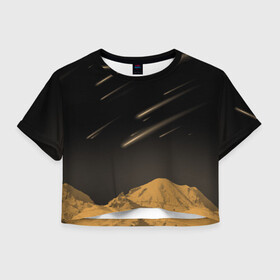 Женская футболка Crop-top 3D с принтом Звездопад в Петрозаводске, 100% полиэстер | круглая горловина, длина футболки до линии талии, рукава с отворотами | art | black | orange | print | абстракция | горы | звёзды | ночь