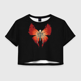 Женская футболка Crop-top 3D с принтом Butterfly Skeleton в Петрозаводске, 100% полиэстер | круглая горловина, длина футболки до линии талии, рукава с отворотами | bones | butterfly | chitin | fire | flame | orange | red | ribs | ridge | skeleton | skull | wings | бабочка | кости | красный | крылья | огонь | оранжевый | пламя | ребра | скелет | хитин | хребет | череп