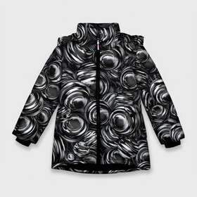 Зимняя куртка для девочек 3D с принтом Glossy Balls в Петрозаводске, ткань верха — 100% полиэстер; подклад — 100% полиэстер, утеплитель — 100% полиэстер. | длина ниже бедра, удлиненная спинка, воротник стойка и отстегивающийся капюшон. Есть боковые карманы с листочкой на кнопках, утяжки по низу изделия и внутренний карман на молнии. 

Предусмотрены светоотражающий принт на спинке, радужный светоотражающий элемент на пуллере молнии и на резинке для утяжки. | Тематика изображения на принте: abstraction | background | ball | balls | black | circle | gloss | metal | paint | pattern | reflection | shine | texture | white | абстракция | белый | блеск | глянец | краска | круг | металл | отражение | паттерн | текстура | фон | черный | шар | шары