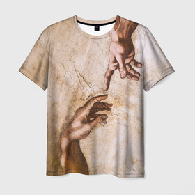Мужская футболка 3D с принтом Микеланджело сотворение Адама в Петрозаводске, 100% полиэфир | прямой крой, круглый вырез горловины, длина до линии бедер | адам | бог | картина | картина микеланджело | микеланджело | микелянджело | рука адама | рука бога | скульптор | скульптор микеланджело | сотворение адама