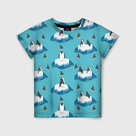 Детская футболка 3D с принтом Пингвины в Петрозаводске, 100% гипоаллергенный полиэфир | прямой крой, круглый вырез горловины, длина до линии бедер, чуть спущенное плечо, ткань немного тянется | море | морские | океан | пингвин | пингвинчик | пингвины | плавники акул