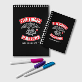 Блокнот с принтом Five Finger Death Punch (5FDP) в Петрозаводске, 100% бумага | 48 листов, плотность листов — 60 г/м2, плотность картонной обложки — 250 г/м2. Листы скреплены удобной пружинной спиралью. Цвет линий — светло-серый
 | 5fdp | america | death | ffdp | finger | five | hard | metal | music | punch | rock | skull | states | united | usa | америка | метал | музыка | рок | сша | хард | череп