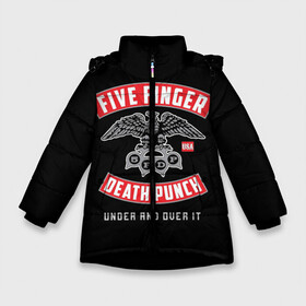 Зимняя куртка для девочек 3D с принтом Five Finger Death Punch (5FDP) в Петрозаводске, ткань верха — 100% полиэстер; подклад — 100% полиэстер, утеплитель — 100% полиэстер. | длина ниже бедра, удлиненная спинка, воротник стойка и отстегивающийся капюшон. Есть боковые карманы с листочкой на кнопках, утяжки по низу изделия и внутренний карман на молнии. 

Предусмотрены светоотражающий принт на спинке, радужный светоотражающий элемент на пуллере молнии и на резинке для утяжки. | 5fdp | america | death | ffdp | finger | five | hard | metal | music | punch | rock | skull | states | united | usa | америка | метал | музыка | рок | сша | хард | череп