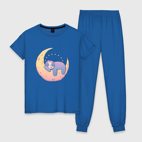 Женская пижама хлопок с принтом Ленивец на луне Sloth on Moon в Петрозаводске, 100% хлопок | брюки и футболка прямого кроя, без карманов, на брюках мягкая резинка на поясе и по низу штанин | art | cute sloth | dream | dreaming | half moon | halfmoon | moon | nap | napping | sleep | sleeping | stars | арт | звёздочки | звёзды | иллюстрация | ленивцы | мерч | месяц | милый ленивец | полумесяц | рисунок | смешной ленивец | сон | спи
