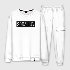 Мужской костюм хлопок с принтом SODA LUV в Петрозаводске, 100% хлопок | на свитшоте круглая горловина, мягкая резинка по низу. Брюки заужены к низу, на них два вида карманов: два “обычных” по бокам и два объемных, с клапанами, расположенные ниже линии бедра. Брюки с мягкой трикотажной резинкой на поясе и по низу штанин. В поясе для дополнительного комфорта — широкие завязки | Тематика изображения на принте: luv | mayot | melon | music | og buda | seemee | soda | sodaluv | бигасс | коми | лав | лого | логотип | лув | мелон | сода