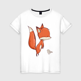 Женская футболка хлопок с принтом Лисичка и птичка в Петрозаводске, 100% хлопок | прямой крой, круглый вырез горловины, длина до линии бедер, слегка спущенное плечо | fox | foxy | животное | звери | лиса | лисенок | лисичка | милая | рыжая | фокс