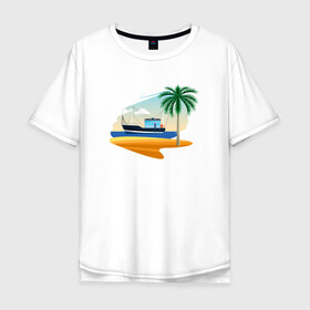 Мужская футболка хлопок Oversize с принтом Яхта и пляж в Петрозаводске, 100% хлопок | свободный крой, круглый ворот, “спинка” длиннее передней части | корабль | море | морское | пальма | пляж | судно | яхта | яхты