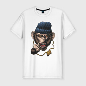 Мужская футболка хлопок Slim с принтом Monkey Boy в Петрозаводске, 92% хлопок, 8% лайкра | приталенный силуэт, круглый вырез ворота, длина до линии бедра, короткий рукав | gangsta | monkey | wild | блатной | крутой | обезьяна
