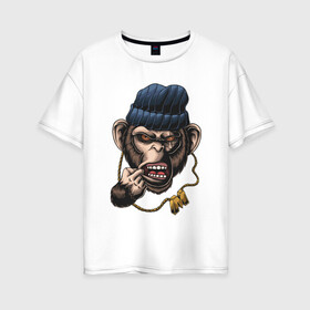 Женская футболка хлопок Oversize с принтом Monkey Boy в Петрозаводске, 100% хлопок | свободный крой, круглый ворот, спущенный рукав, длина до линии бедер
 | gangsta | monkey | wild | блатной | крутой | обезьяна