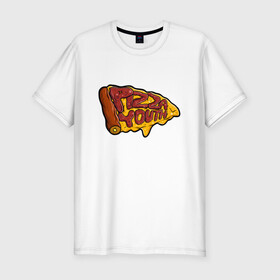 Мужская футболка хлопок Slim с принтом Горячий кусочек в Петрозаводске, 92% хлопок, 8% лайкра | приталенный силуэт, круглый вырез ворота, длина до линии бедра, короткий рукав | Тематика изображения на принте: dodo | pizza | вкусная еда | кусочек | пицца