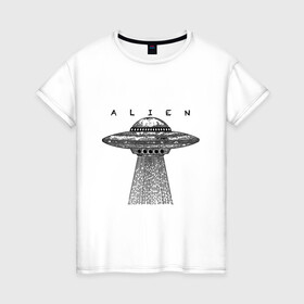 Женская футболка хлопок с принтом Alien в Петрозаводске, 100% хлопок | прямой крой, круглый вырез горловины, длина до линии бедер, слегка спущенное плечо | гравюра | графика | инопланетный корабль | космический корабль | космос | летающая тарелка | пришельцы | чёрно белый