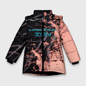 Зимняя куртка для девочек 3D с принтом MGR - Nanomachines Son в Петрозаводске, ткань верха — 100% полиэстер; подклад — 100% полиэстер, утеплитель — 100% полиэстер. | длина ниже бедра, удлиненная спинка, воротник стойка и отстегивающийся капюшон. Есть боковые карманы с листочкой на кнопках, утяжки по низу изделия и внутренний карман на молнии. 

Предусмотрены светоотражающий принт на спинке, радужный светоотражающий элемент на пуллере молнии и на резинке для утяжки. | armstrong | metal gear | metal gear rising | metal gear solid | mgr | mgs | nanomachines | nanomachines son | raiden | snake | steven armstrong | армстронг | мгр | мгс | метал гир | метал гир райзен | наномашины | наномашины сынок | райден