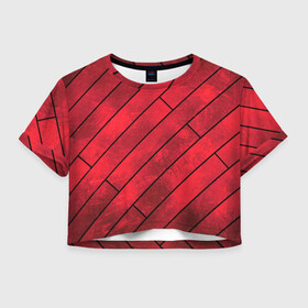 Женская футболка Crop-top 3D с принтом Red Boards Texture в Петрозаводске, 100% полиэстер | круглая горловина, длина футболки до линии талии, рукава с отворотами | attrition | boards | comic | dark | gloss | iron | light | metal | red | slabs | texture | wood | абстракция | глянец | дерево | доски | железо | картина | комикс | красный | линии | металл | паттерн | плиты | полосы | потертость | светлый