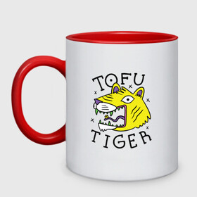 Кружка двухцветная с принтом Tofu Tiger Тигр Сыр Тофу в Петрозаводске, керамика | объем — 330 мл, диаметр — 80 мм. Цветная ручка и кайма сверху, в некоторых цветах — вся внутренняя часть | amur tiger | art | japan | japanese | tattoo | абстрактный принт | абстракция | амурский тигр | арт | детский рисунок | желтый тигр | животные | зубы | клыки | скетч | татуировка | татуировка тигра | тигр ест | тигры