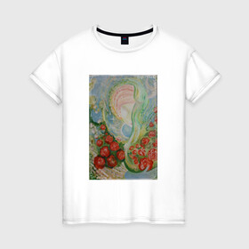Женская футболка хлопок с принтом Девушка в розах в Петрозаводске, 100% хлопок | прямой крой, круглый вырез горловины, длина до линии бедер, слегка спущенное плечо | ангелы | девушка | душа | картина | лето | птицы | розы | цветы