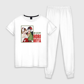 Женская пижама хлопок с принтом хоримия аниме в Петрозаводске, 100% хлопок | брюки и футболка прямого кроя, без карманов, на брюках мягкая резинка на поясе и по низу штанин | anime | horimiya | kawaii | manga | shoujo | shoujomanga | аниме | манга | хоримия