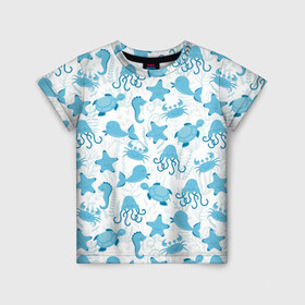 Детская футболка 3D с принтом Морские жители в Петрозаводске, 100% гипоаллергенный полиэфир | прямой крой, круглый вырез горловины, длина до линии бедер, чуть спущенное плечо, ткань немного тянется | Тематика изображения на принте: dolphin | дельфин | краб | море | морская звезда | морские | морской конек | осьминог | с дельфином | черепаха
