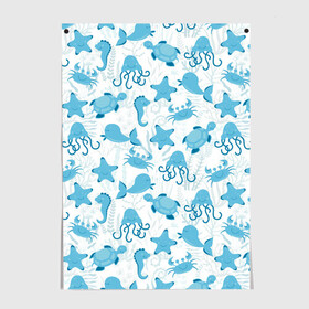 Постер с принтом Морские жители в Петрозаводске, 100% бумага
 | бумага, плотность 150 мг. Матовая, но за счет высокого коэффициента гладкости имеет небольшой блеск и дает на свету блики, но в отличии от глянцевой бумаги не покрыта лаком | dolphin | дельфин | краб | море | морская звезда | морские | морской конек | осьминог | с дельфином | черепаха