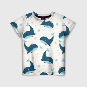 Детская футболка 3D с принтом Киты в Петрозаводске, 100% гипоаллергенный полиэфир | прямой крой, круглый вырез горловины, длина до линии бедер, чуть спущенное плечо, ткань немного тянется | whale | белый кит | кит | киты | корабли | кораблики | маяк | морские | паттерн | синий кит | чайки