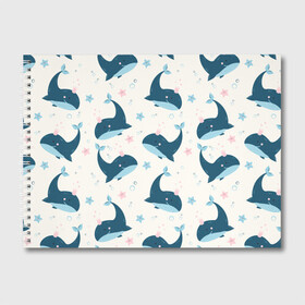 Альбом для рисования с принтом Киты в Петрозаводске, 100% бумага
 | матовая бумага, плотность 200 мг. | whale | белый кит | кит | киты | корабли | кораблики | маяк | морские | паттерн | синий кит | чайки
