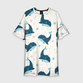 Детское платье 3D с принтом Киты в Петрозаводске, 100% полиэстер | прямой силуэт, чуть расширенный к низу. Круглая горловина, на рукавах — воланы | whale | белый кит | кит | киты | корабли | кораблики | маяк | морские | паттерн | синий кит | чайки