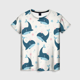 Женская футболка 3D с принтом Киты в Петрозаводске, 100% полиэфир ( синтетическое хлопкоподобное полотно) | прямой крой, круглый вырез горловины, длина до линии бедер | whale | белый кит | кит | киты | корабли | кораблики | маяк | морские | паттерн | синий кит | чайки