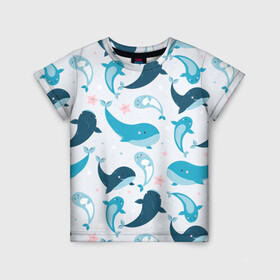 Детская футболка 3D с принтом Киты и тюлени в Петрозаводске, 100% гипоаллергенный полиэфир | прямой крой, круглый вырез горловины, длина до линии бедер, чуть спущенное плечо, ткань немного тянется | whale | белый кит | кит | киты | корабли | кораблики | маяк | морские | паттерн | синий кит | чайки