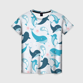 Женская футболка 3D с принтом Киты и тюлени в Петрозаводске, 100% полиэфир ( синтетическое хлопкоподобное полотно) | прямой крой, круглый вырез горловины, длина до линии бедер | whale | белый кит | кит | киты | корабли | кораблики | маяк | морские | паттерн | синий кит | чайки