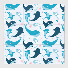 Магнитный плакат 3Х3 с принтом Киты и тюлени в Петрозаводске, Полимерный материал с магнитным слоем | 9 деталей размером 9*9 см | whale | белый кит | кит | киты | корабли | кораблики | маяк | морские | паттерн | синий кит | чайки