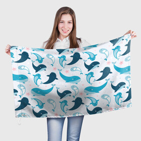 Флаг 3D с принтом Киты и тюлени в Петрозаводске, 100% полиэстер | плотность ткани — 95 г/м2, размер — 67 х 109 см. Принт наносится с одной стороны | whale | белый кит | кит | киты | корабли | кораблики | маяк | морские | паттерн | синий кит | чайки