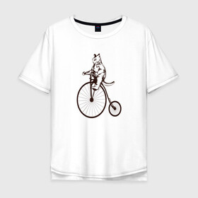 Мужская футболка хлопок Oversize с принтом Винтажный кот на велосипеде в Петрозаводске, 100% хлопок | свободный крой, круглый ворот, “спинка” длиннее передней части | art | cat | circus | fat cat | grand b | kitten | kitty | penny farthing | pennyfarthing | retro | vintage | арт | велосипед с большим колесом | винтаж | винтажный рисунок | котик | кошка | пенни фартинг | пеннифартинг | ретро | толстый кот |