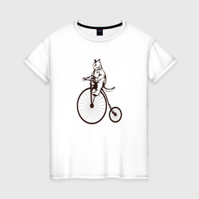 Женская футболка хлопок с принтом Винтажный кот на велосипеде в Петрозаводске, 100% хлопок | прямой крой, круглый вырез горловины, длина до линии бедер, слегка спущенное плечо | art | cat | circus | fat cat | grand b | kitten | kitty | penny farthing | pennyfarthing | retro | vintage | арт | велосипед с большим колесом | винтаж | винтажный рисунок | котик | кошка | пенни фартинг | пеннифартинг | ретро | толстый кот |