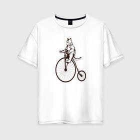 Женская футболка хлопок Oversize с принтом Винтажный кот на велосипеде в Петрозаводске, 100% хлопок | свободный крой, круглый ворот, спущенный рукав, длина до линии бедер
 | art | cat | circus | fat cat | grand b | kitten | kitty | penny farthing | pennyfarthing | retro | vintage | арт | велосипед с большим колесом | винтаж | винтажный рисунок | котик | кошка | пенни фартинг | пеннифартинг | ретро | толстый кот |