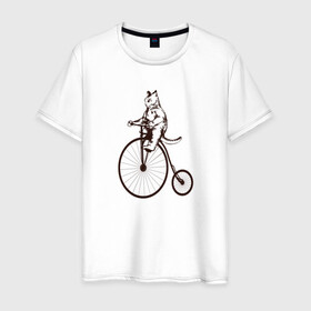 Мужская футболка хлопок с принтом Винтажный кот на велосипеде в Петрозаводске, 100% хлопок | прямой крой, круглый вырез горловины, длина до линии бедер, слегка спущенное плечо. | art | cat | circus | fat cat | grand b | kitten | kitty | penny farthing | pennyfarthing | retro | vintage | арт | велосипед с большим колесом | винтаж | винтажный рисунок | котик | кошка | пенни фартинг | пеннифартинг | ретро | толстый кот |