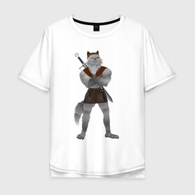 Мужская футболка хлопок Oversize с принтом Боевой кот в Петрозаводске, 100% хлопок | свободный крой, круглый ворот, “спинка” длиннее передней части | giant cat | monster hunter | palico | брутальный кот | военный кот | кот | милый котик | охотник на монстров | палико | сильный кот | солдат