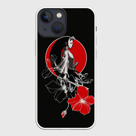 Чехол для iPhone 13 mini с принтом Девушка кошка самурай в Петрозаводске,  |  | catgirl | алые цветы | аниме | бакэнэко | девушка кошка | кошачьи уши | маска | нэко | онна бугэйся | самурай | цветы | япония