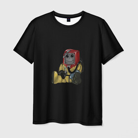 Мужская футболка 3D с принтом Smiley Hazmat Rust в Петрозаводске, 100% полиэфир | прямой крой, круглый вырез горловины, длина до линии бедер | adventure | fun | hazmat | rust | videogame | игра | костюм | позитив | раст | химзащита | химкостюм