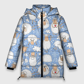 Женская зимняя куртка Oversize с принтом Счастливые овечки в Петрозаводске, верх — 100% полиэстер; подкладка — 100% полиэстер; утеплитель — 100% полиэстер | длина ниже бедра, силуэт Оверсайз. Есть воротник-стойка, отстегивающийся капюшон и ветрозащитная планка. 

Боковые карманы с листочкой на кнопках и внутренний карман на молнии | арт | белая | белая овца | белое животное | белые животные | белые овцы | овечка | овечки | овца | овцы | пушистая | пушистик | рисунок