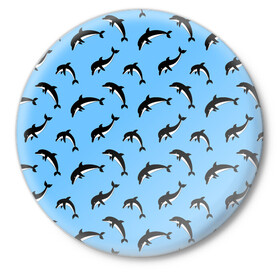 Значок с принтом Дельфины в Петрозаводске,  металл | круглая форма, металлическая застежка в виде булавки | dolphin | дельфин | дельфины | море | морские | на голубом | с дельфином