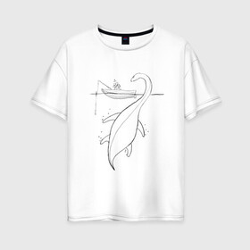 Женская футболка хлопок Oversize с принтом Рыбак и Несси в Петрозаводске, 100% хлопок | свободный крой, круглый ворот, спущенный рукав, длина до линии бедер
 | клёв | клюет | лодка | монстр | несси | озеро | рыба | рыбак | рыбалка | сон | удочка | чудовище