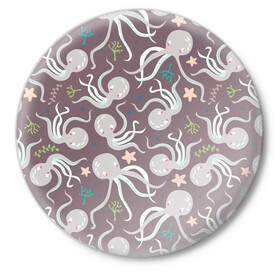 Значок с принтом Осьминоги в Петрозаводске,  металл | круглая форма, металлическая застежка в виде булавки | Тематика изображения на принте: cute | octopus | милый | морское | осьминог | осьминожка | паттерн | тентакли | щупальца