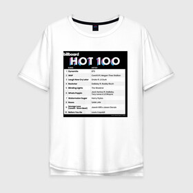 Мужская футболка хлопок Oversize с принтом BTS DYNAMITE BILLBOARD HOT-100 в Петрозаводске, 100% хлопок | свободный крой, круглый ворот, “спинка” длиннее передней части | Тематика изображения на принте: bbma | bts | dynamite | j hope | jimin | jin | jk | rm | suga | v | чарт топ