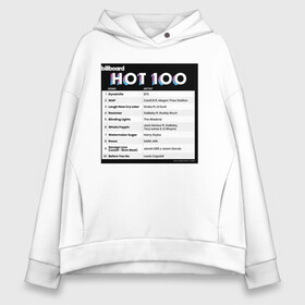 Женское худи Oversize хлопок с принтом BTS DYNAMITE BILLBOARD HOT-100 в Петрозаводске, френч-терри — 70% хлопок, 30% полиэстер. Мягкий теплый начес внутри —100% хлопок | боковые карманы, эластичные манжеты и нижняя кромка, капюшон на магнитной кнопке | bbma | bts | dynamite | j hope | jimin | jin | jk | rm | suga | v | чарт топ