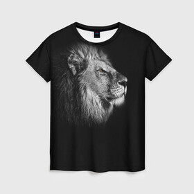 Женская футболка 3D с принтом Царь Зверей в Петрозаводске, 100% полиэфир ( синтетическое хлопкоподобное полотно) | прямой крой, круглый вырез горловины, длина до линии бедер | animal | lion | лев | профиль | черно белый
